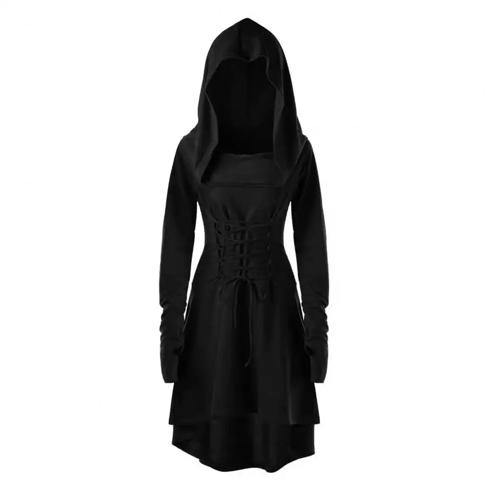 Women Milk Silk Dress Hooded Long Sleeves Lace-up Strap Slim Waist Irregular Hem Women Midi Dress Festival Party Halloween Dress