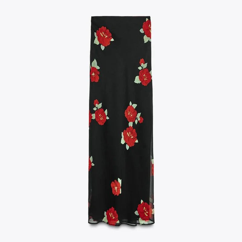 Sexy Flower Print Top Long Skirt Set Women Slim Ruffle Strap U-neck Top Loose High Waist Skirts Fashion Summer Party Suit