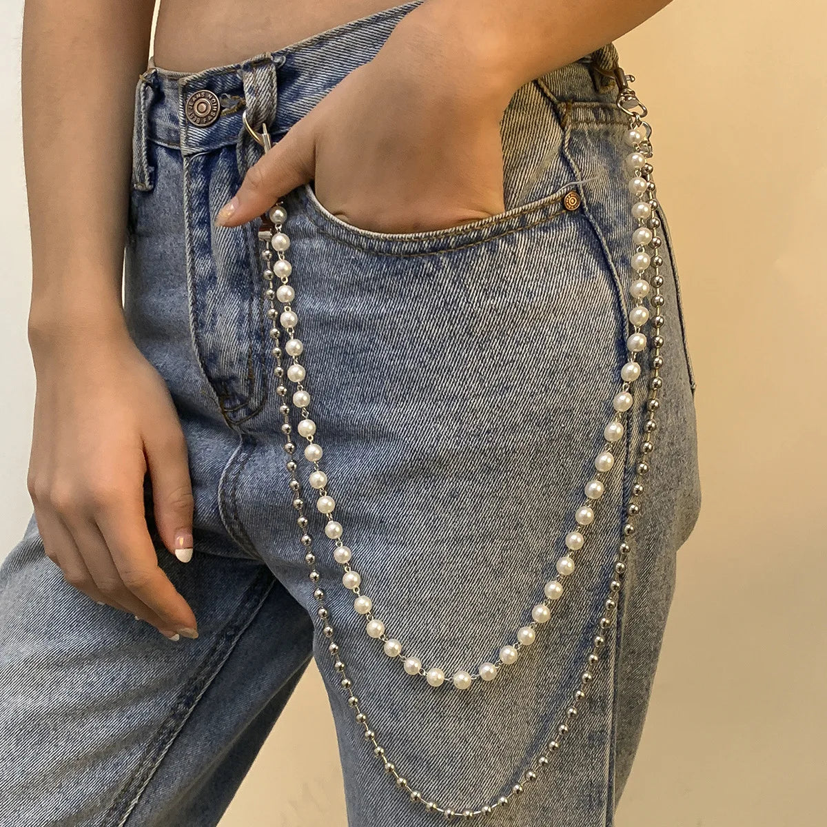 Round Cute White Pearl Belly Chain for Women Trousers Hipster Pant Jean Resin Keychain Ring Clip Tassel Art Accessory