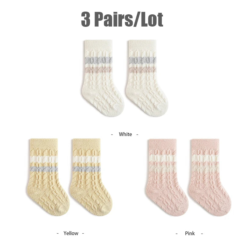 3/5 Pairs Winter Warm Baby Mid Tube Socks Soft Thickned Striped Newborn Socks Toddler Socks For Boys And Girls