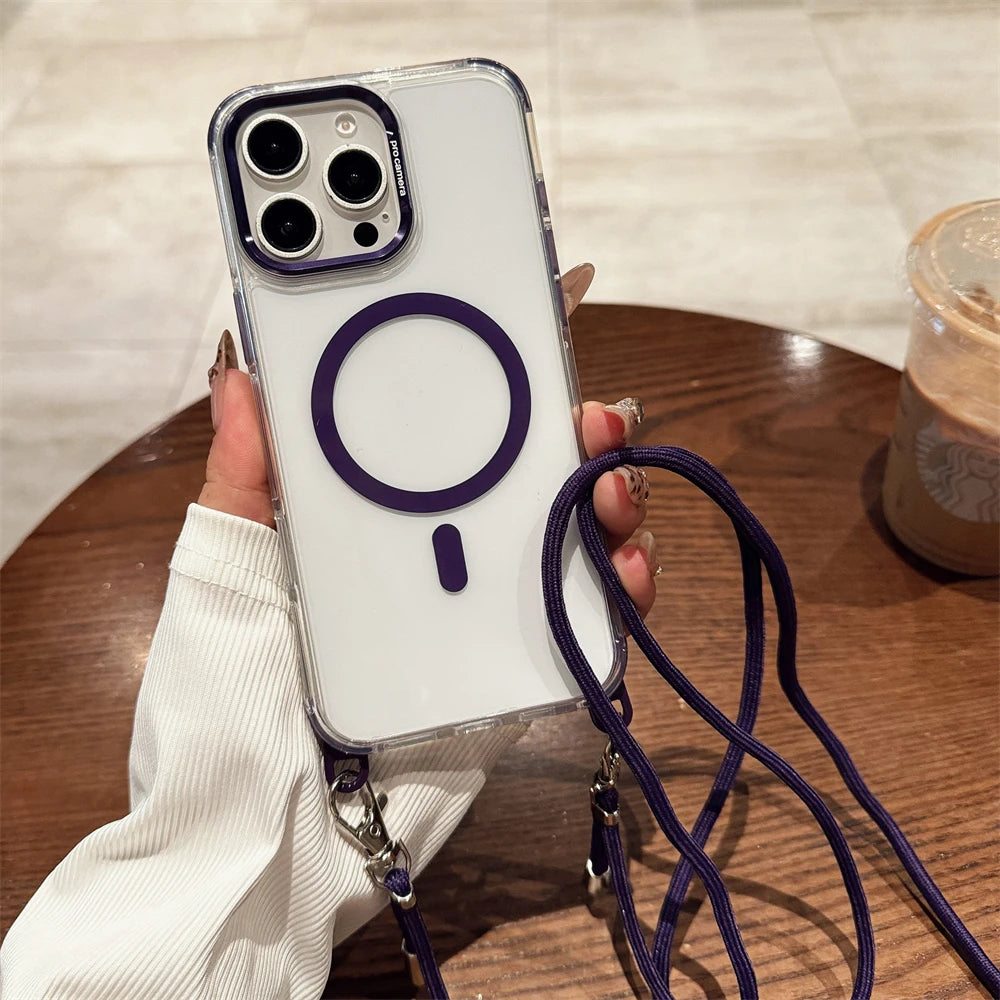 Crossbody Lanyard Necklace Transparent Magnetic For Magsafe Case for iPhone 17 15 11 12 13 14 16 Pro Max Plus Anti-lost Cover
