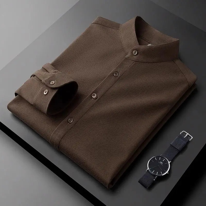 Men's Fashionable Thick Standing Collar Shirt with a High-end Feel Soft and Warm on Top