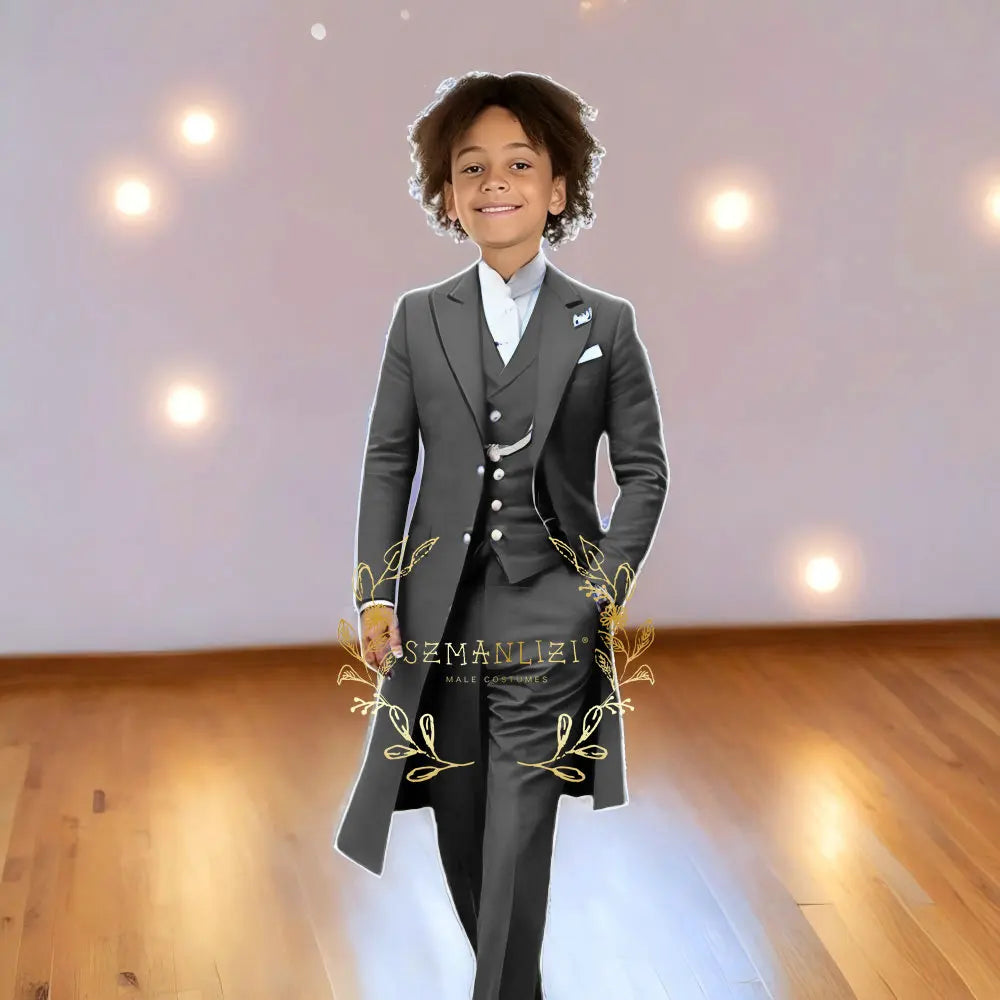Children Formal Tuxedos Boys Suit Light Grey Long Jacket Vest Pants Sets for Piano Performance Birthday Party Costume Tailored
