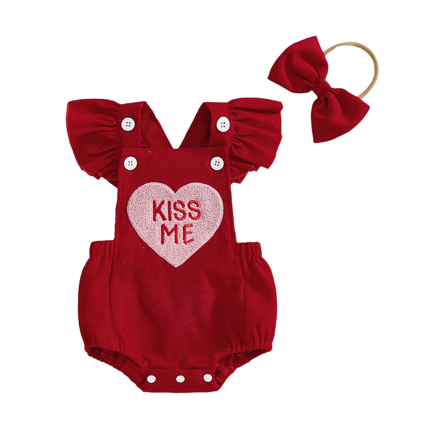Baby Girl Valentines Outfit Letter Love Heart Embroidered Ruffled Trim Flying Sleeve Romper and Bow Headband 2 Pcs Set
