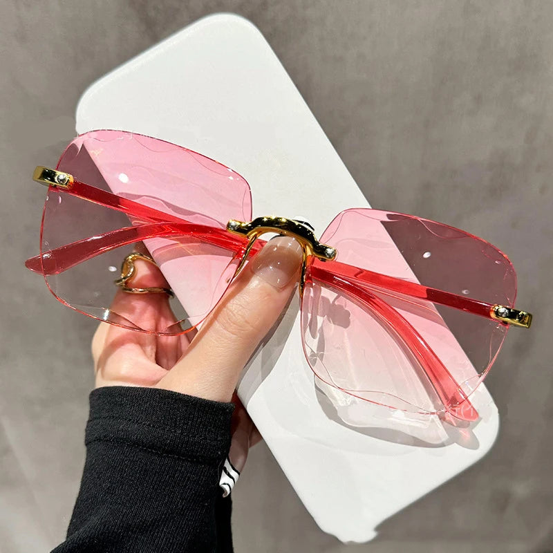 3PCS Square Rimless Sunglasses Women Luxury Brand Designer Summer Red Glasses Fashion Sunlasses UV400 Shades Oculos 23004