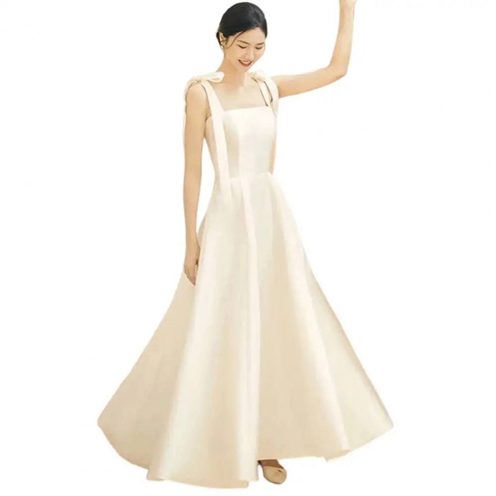 Square Neck Dress Elegant Satin Lace-up Wedding Dress with Bow Detail Square Neckline A-line Silhouette for Filming for Women
