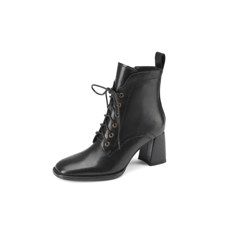 New Autumn/Winter Women Boots Cow Leather Fashion Women Shoes Square Toe High Heel Shoes for Women Lace Up Modern Short Boots