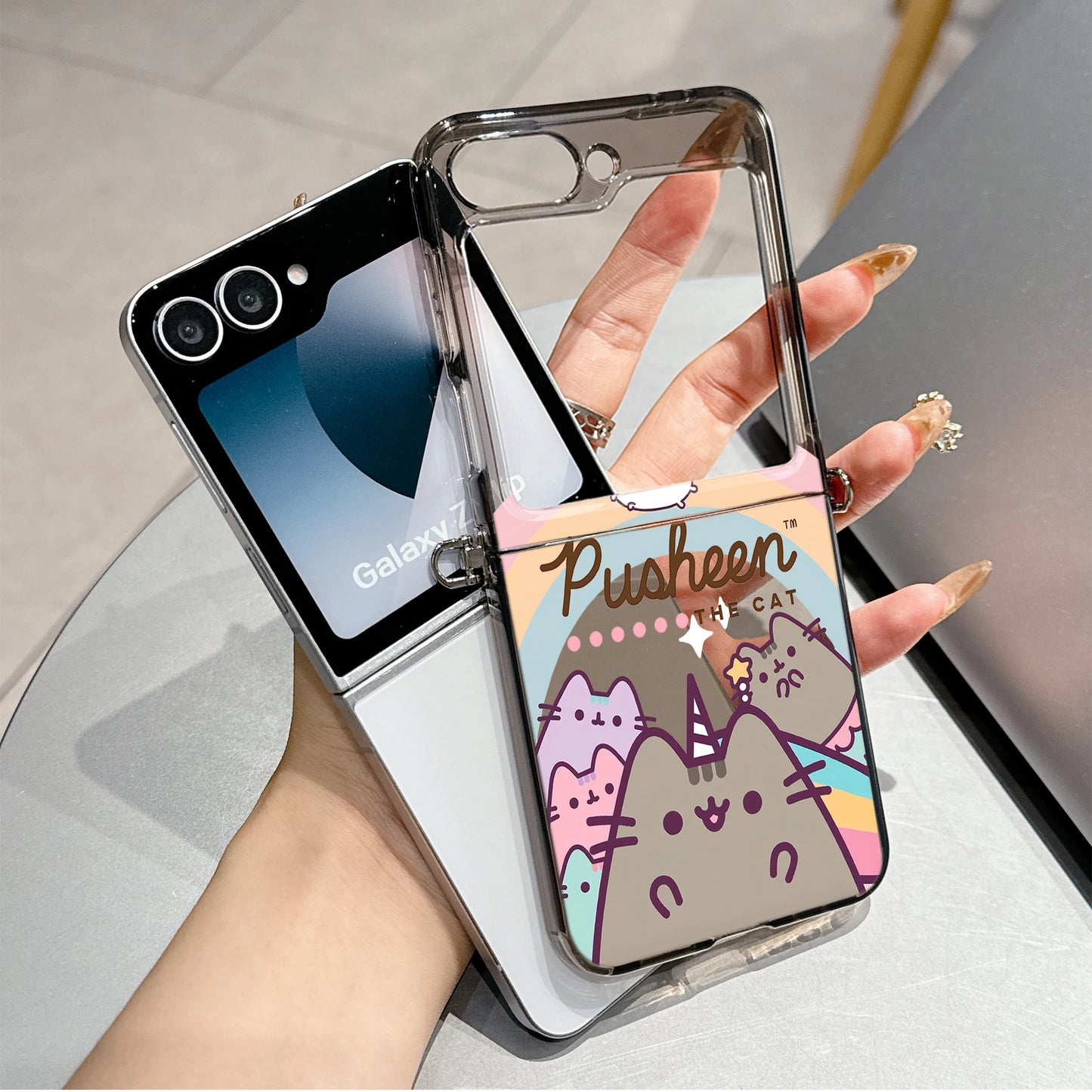 Cute Cartoon Funny Donuts P-Pusheens Cat Phone Case for Motorola Moto Razr 40 50 60 Ultra 5G Semi-transparent Foldable TPU Cover
