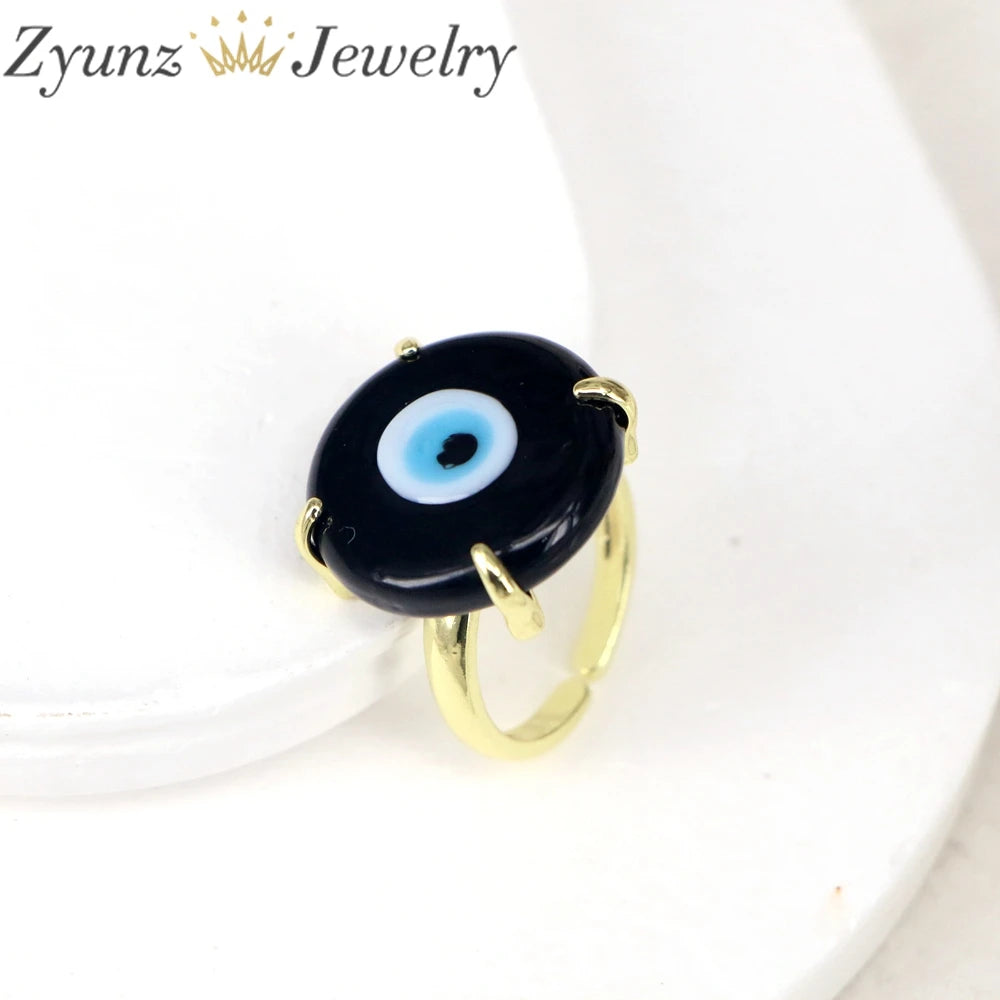 10PCS, Lucky Eye Glass Turkish Evil Eye Ring Adjustable Copper Open Finger Ring for Women Men Fashion Jewelry