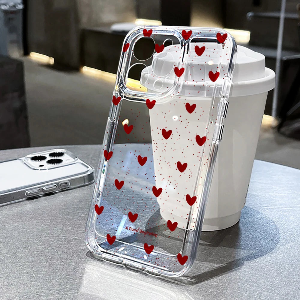 TPU Cute Love Heart Pattern Phone Case For iPhone 17 16 15 14 13 12 11 Pro Max X XS XR 7 8 Plus Shockproof Silicone Clear Cover