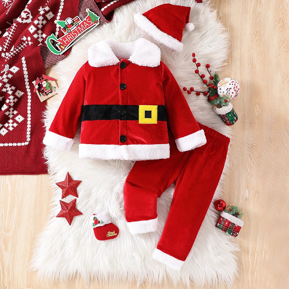 Baby Christmas Clothes Sets Winter Plush Fleece Santa Claus Coat and Velvet Pants Toddler Christmas Outfits New Year Costumes