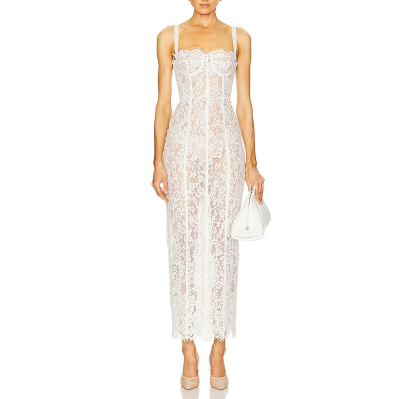 Women’s Cocktail Dress Sexy Lace Hollow Out Transparent Sleeveless Slim Fit Maxi Party Club Evening Gown White Long Dresses