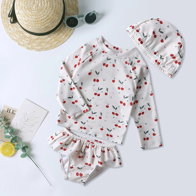 Kids Girls Swimsuit Summer Bikini Girl Swim Suit Long Sleeve Children Swimwear with Hats