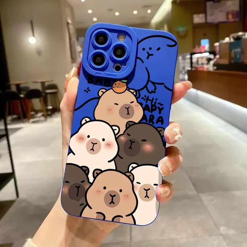 Case For iPhone 17 16 15 14 13 12 11 Pro Max Air XS X XR 16E Cute Capybara Pattern Matte Silicone Camera Lens Portector Cover