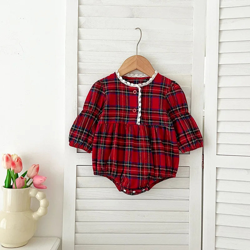 2025 Christmas New Infant Baby Girl Bodysuits Lace Cotton Red Grid Newborn Baby Girl Jumpsuit New Year Party Children Clothes