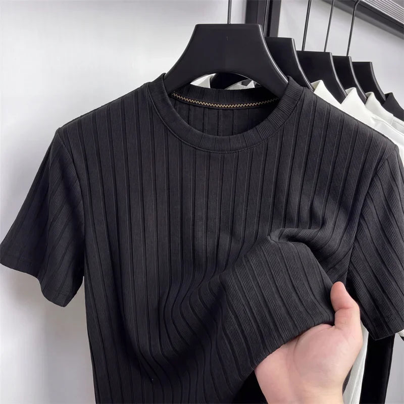 Men's Minimalist Crew Neck Ribbed T Shirt Comfortable Elastic Fabric Short Sleeve For Office And Casual Wear