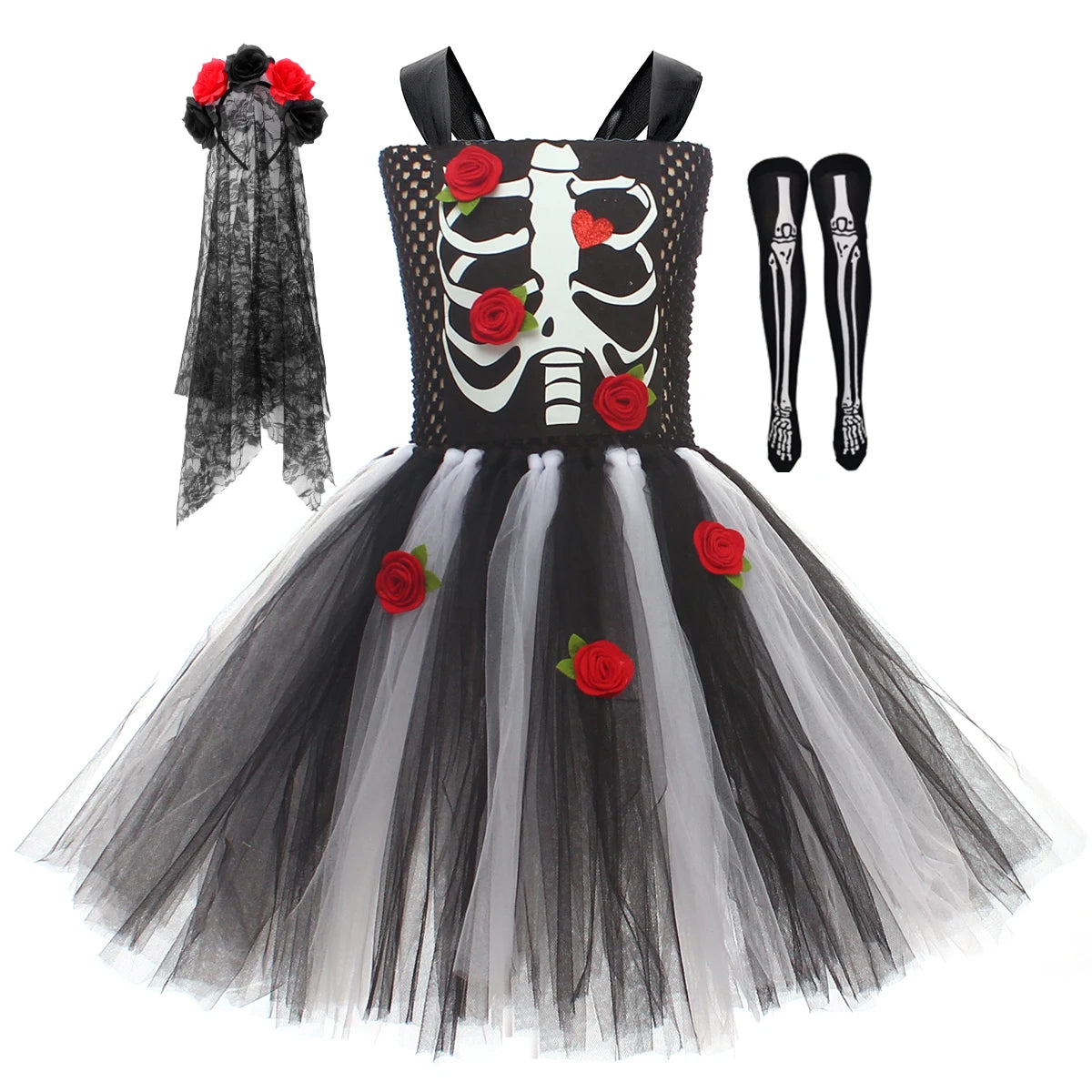 Girls Scary Skeleton Halloween Costume for Kids Zombie Corpse Bride Tutu Dress Children Day of The Dead Rose Bone Ghost Dress Up