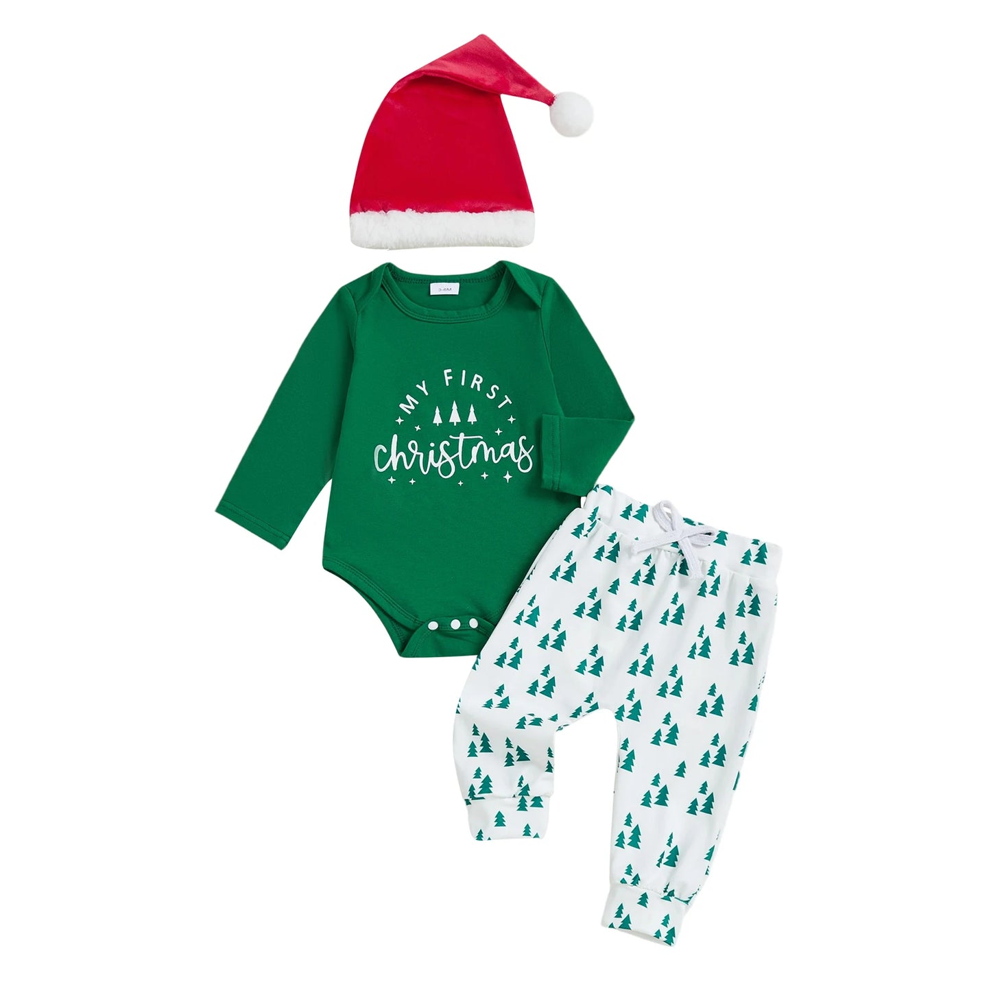 Baby Boy First Christmas Outfit Long Sleeve Truck Tree Print Romper Jogger Pants Hat Newborn Fall Winter Clothes Set