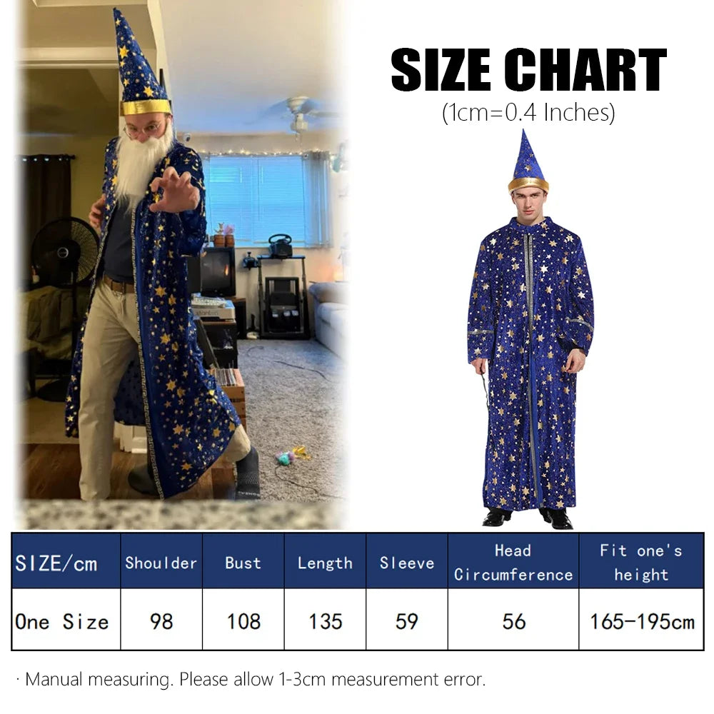 Halloween Wizard Set Includes Hat, Robe, Cloak, Magician Costume, Unisex Cloak, Vampire Costume, Blue Star and Moon Magic Magici