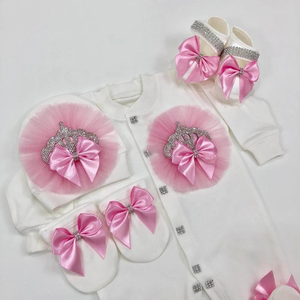 Dollbling Baptism Outfit Boy Prince Luxury Bling Christening Coming Home Romper Bonnet Set Mittens Nursery Hospital Clothing set