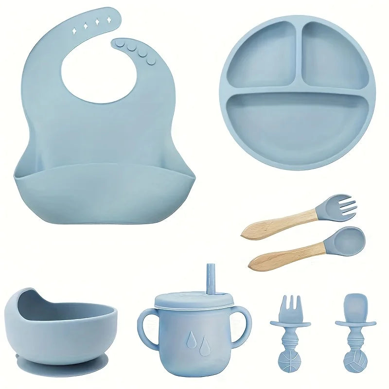 8-Pack Silicone Cutlery Tray Baby Feeding Set with Removable Silicone Suction Cup BPA Free Baby Fork Spoon Cup Gift