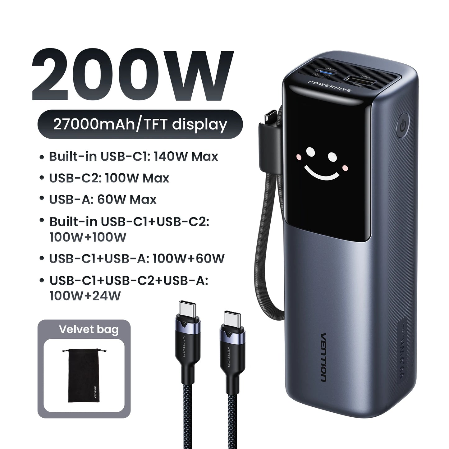 Vention 200W 27000mAh Power Bank Build-in Retractable USB-C Cable Portable External Battery Charger For Laptop Smart TFT Display