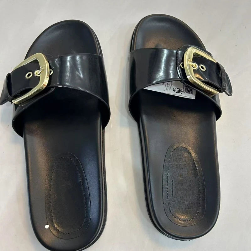 Summer Comfortable Moccasin Flat Sandals Women Sexy Open Toe Buckle Design Brand Beach Slippers Big Size Thick Bottom Slippers