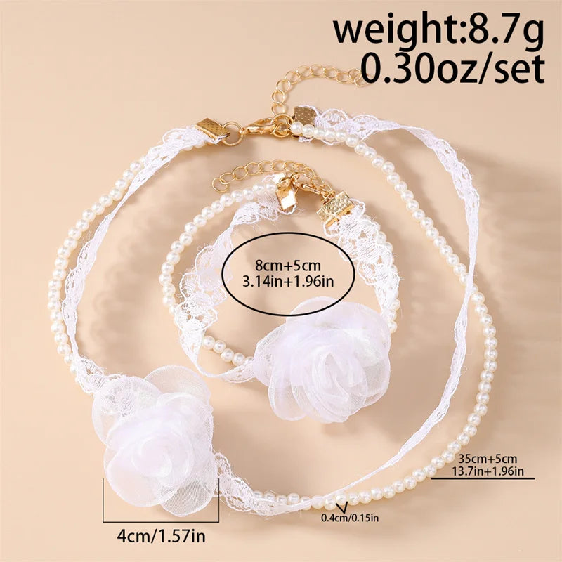 Sexy Pure White Lace Rose Flower Clavicle Chain Necklace for Women Imitation Pearl Choker Bracelet Girls Wedding Jewelry Gift