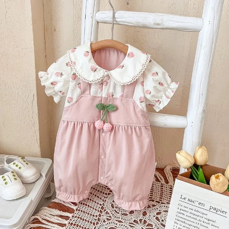 Summer Baby Girls Thin Rompers Lace Peter Pan Collar Puff Sleeve Cute Strawberry Print Jumpsuit Newborn Birthday Clothes E24256