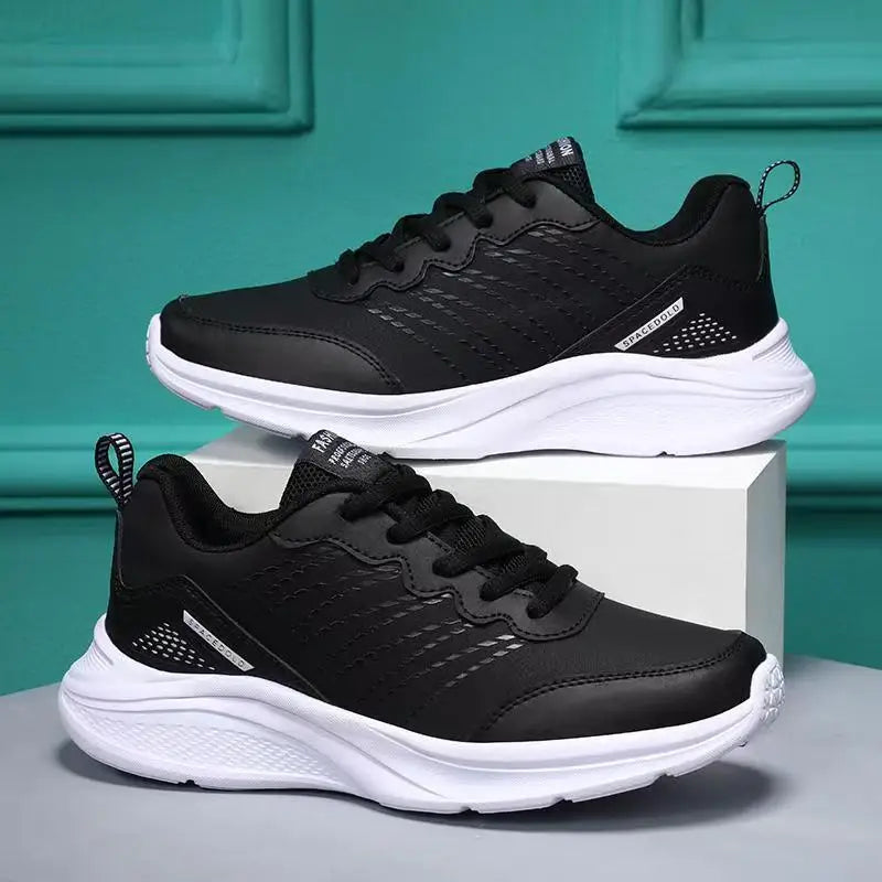 Waterproof Leather Chunky Sneakers for Women, Running Shoes, Casual Sports Shoes, Black Trainers, Autumn, Spring