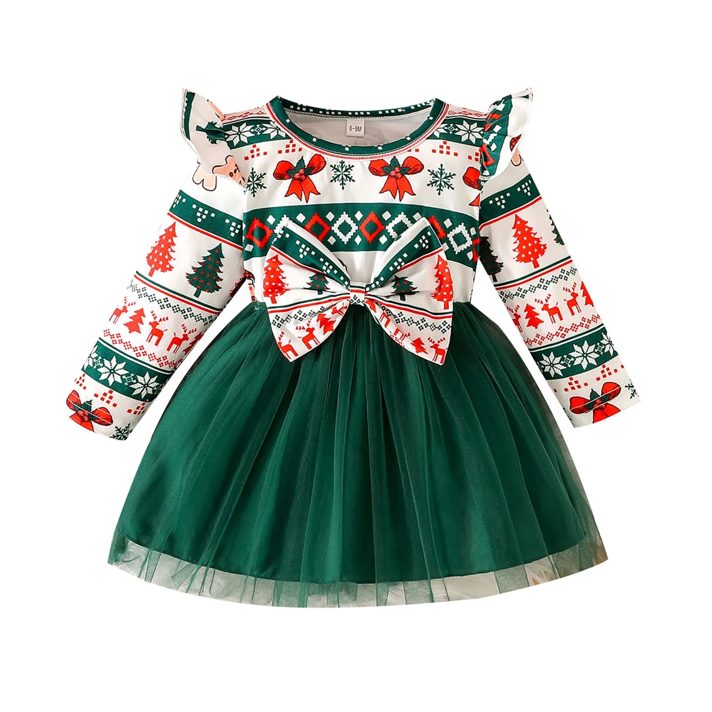 Toddler Baby Girl Christmas Mesh Dress Long Sleeve Christmas Themed Carnival Princess Dresses Girls Party Costume Dresses