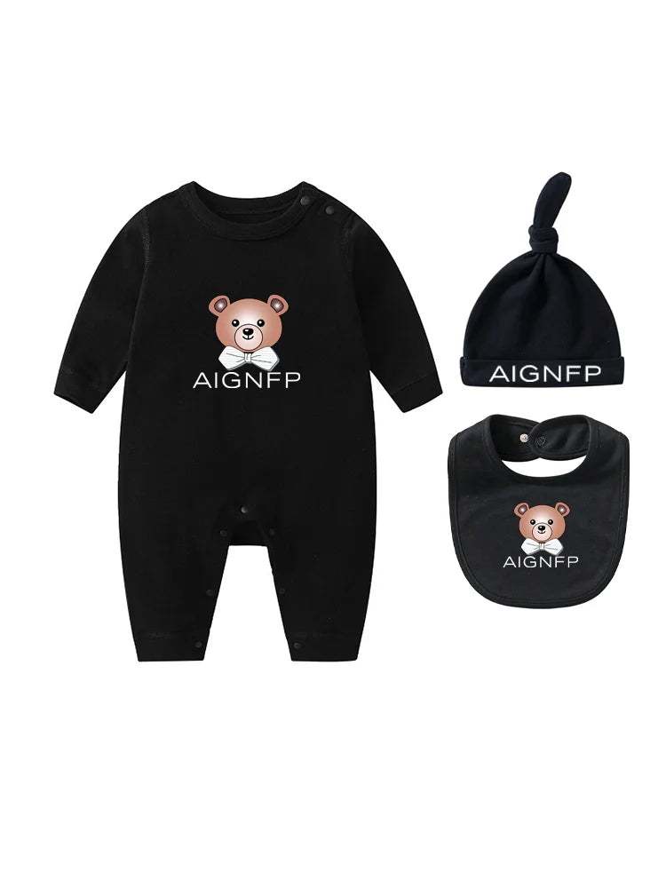 Cute Bear Jumpsuit Newborns Autumn Clothes 2025 Hot Sale New Soft Bib scarf Hat Toddler Romper Sets Baby Long sleeves Bodysuits