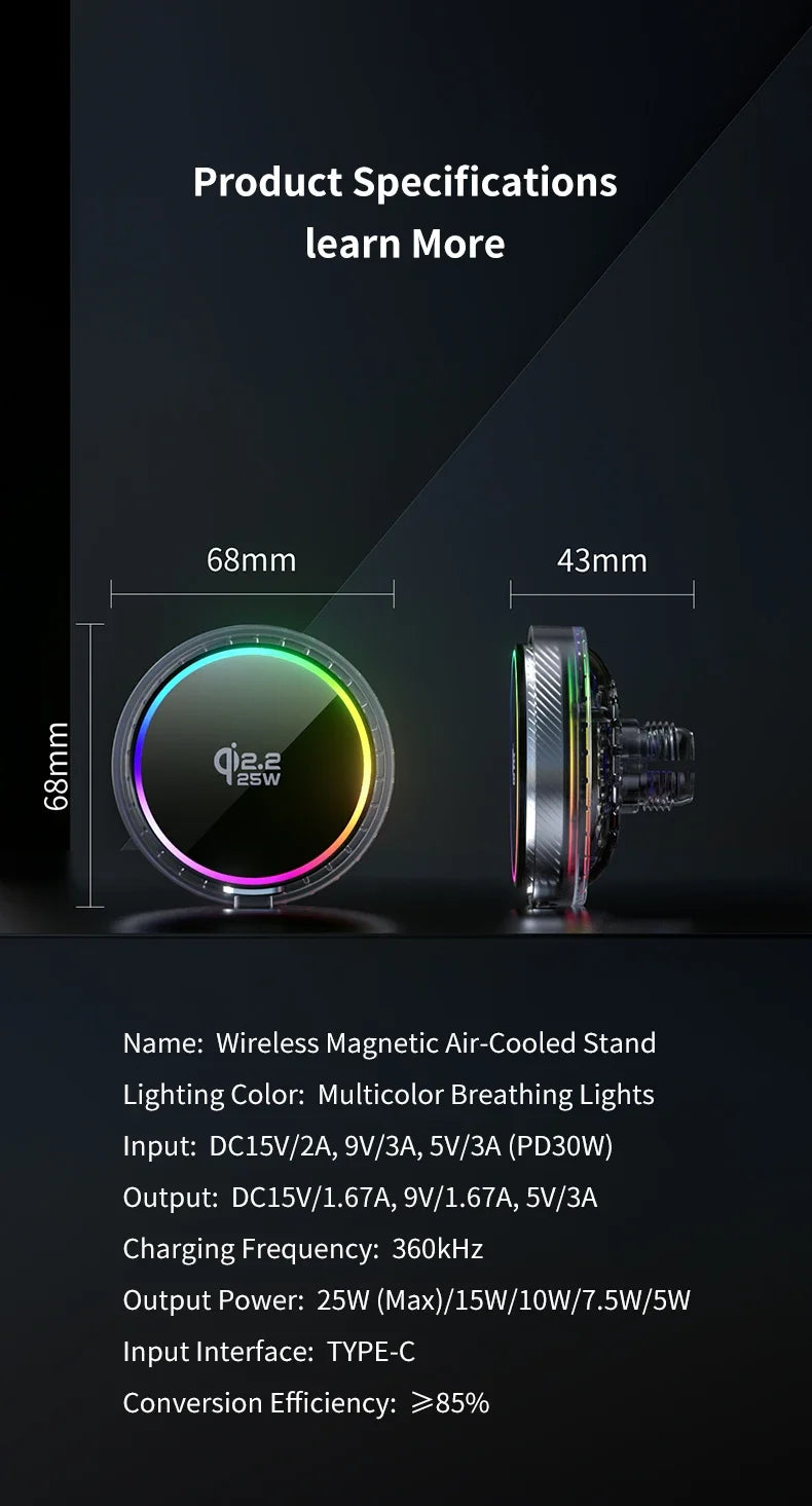 25W Air Cooling qi2.2 Car Magnetic Wireless Charger RGB Light Phone Holder For Magsafe iPhone 17 16 15 14 13 12 Fast Charging