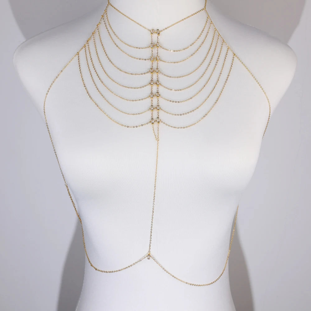 Multi-layer Body Chain Necklace Dress Women Sexy Harness with Colorful CZ Paved Hollow Bling Tassel Chain Fashion Party Jewelry