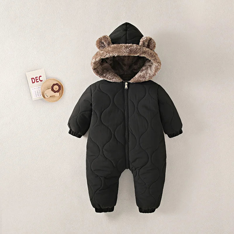 2025 Winter New Baby Boys Girls Bodysuit Solid Color Plus Velvet Thick Jumpsuits For 6M-3Y Kids Warm Hooded Rompers Snowsuit