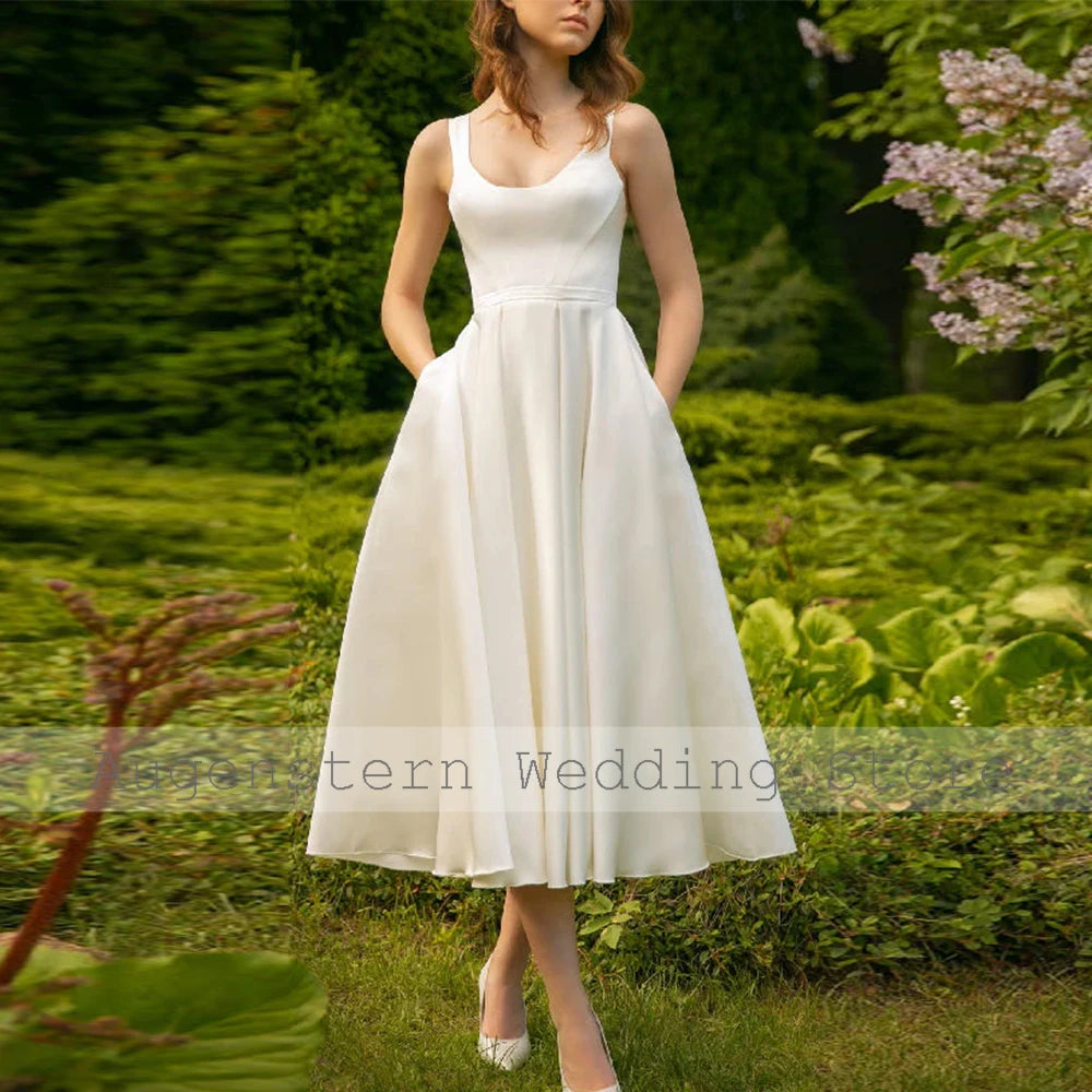 2025 Elegant Midi Wedding Dresses Satin A-line Modern Engagement Dress Ivory Square Neck Pocket Ruched Anniversary Bridal Gown