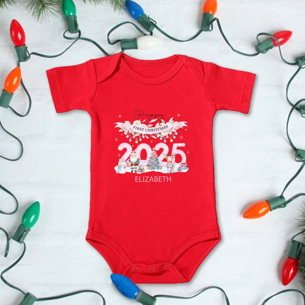 My First Christmas Outfits Custom Baby Name 2025 Christmas Rompers for Babies Cotton Unisex Short Sleeve Xmas Bodysuit