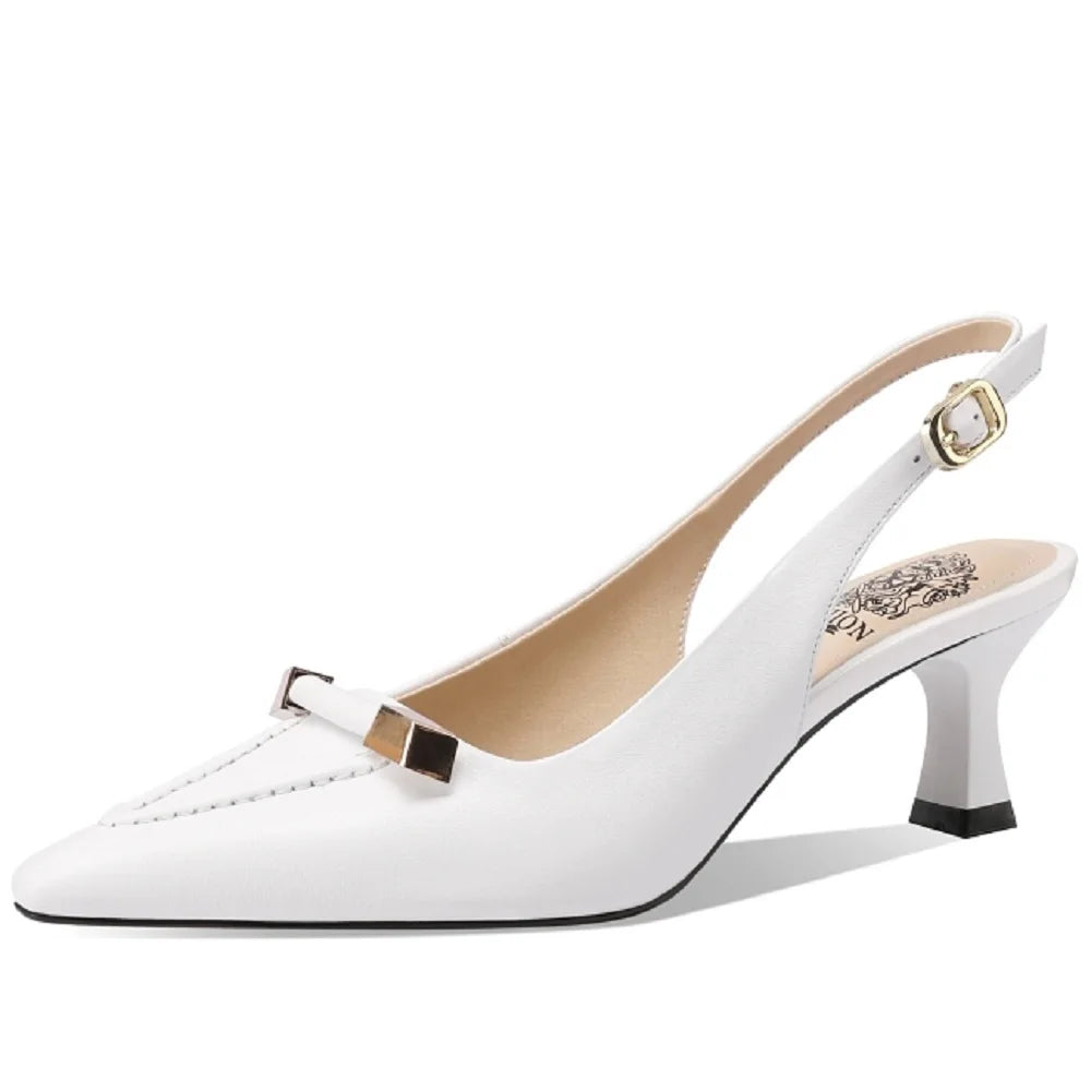 【JOCHEBED HU】Summer Brand Genuine Leather Mid Heels Women Sandals Fashion Slingback Pumps Office Lady Shoes 33-43
