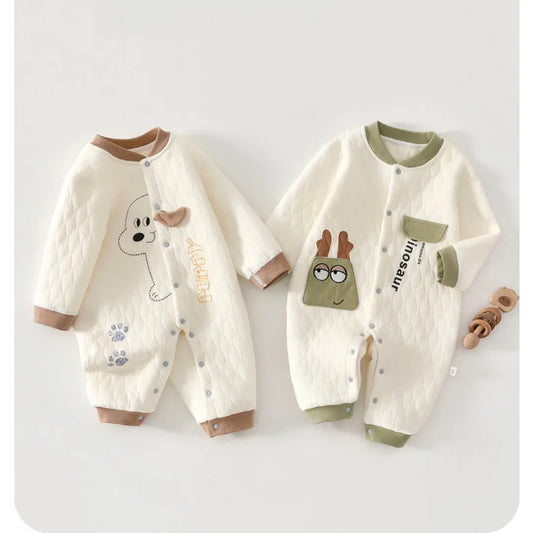 0-2Y Newborn Girl Boy Spring Bodysuit 2026 Baby Cotton Quilted Seamless Romper Autumn Warm Printed Soft Skin-Friendly Sleepwear