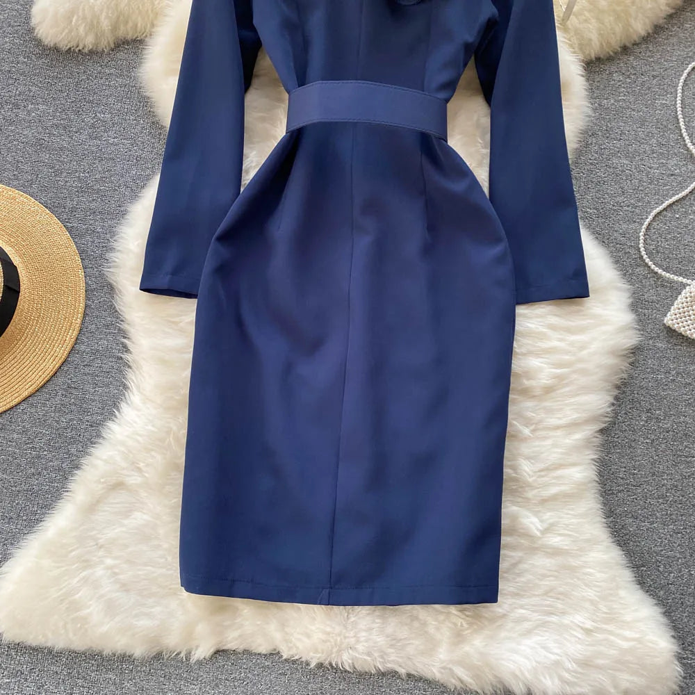 Women Elegant Office Dress Spring Autumn Long Sleeve Fashion Slim with Belt Midi Dresses Vintage Ladies Blazer Dress Vestidos