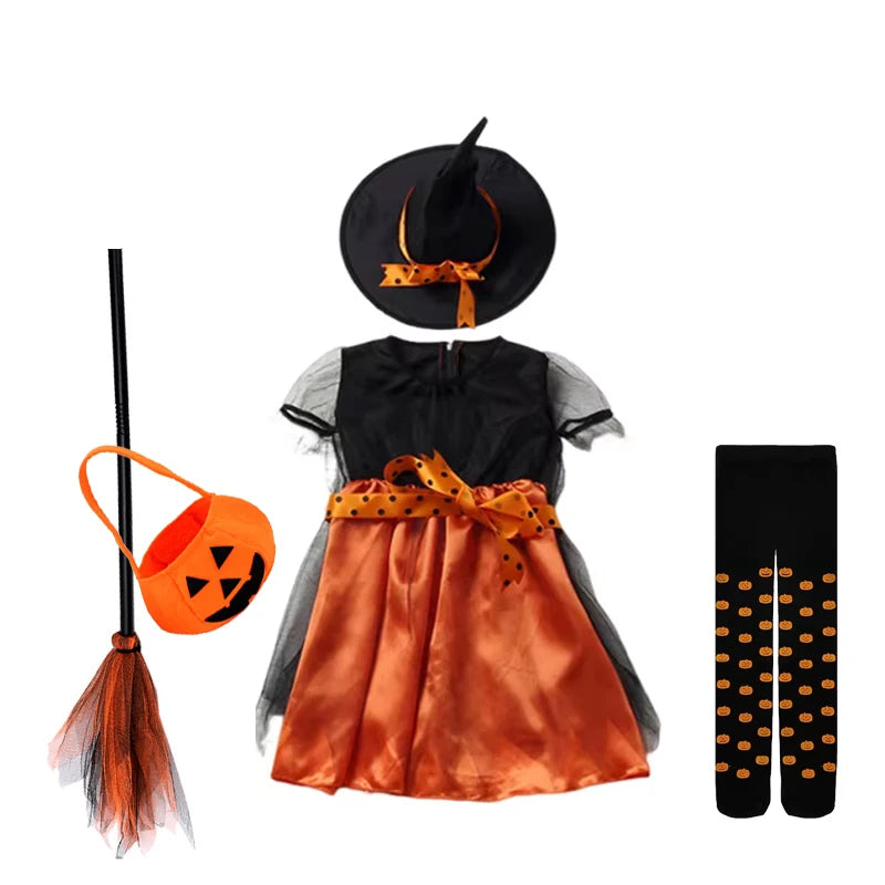 5 Styles Halloween Costume for Kids Girls Purple Bat Dress Halloween Fantasy Vampire Costume with Hat Broom Pumpkin Belt Set