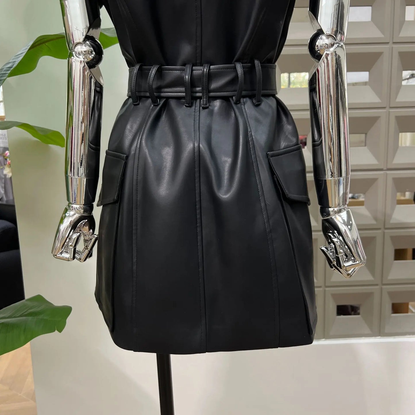 DFDG 2025 Women’s V-Neck Wide Shoulder Overlap Placket Double Breasted PU Leather Bodycon Dress Unique Design Cocktail Dress