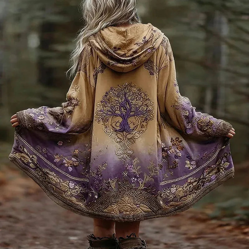 Halloween Costume Woman Pattern Print Retro Trench Coat New Fashion Loose Long Hooded Cardigan Autumn Long Sleeve Hoodies Jacket