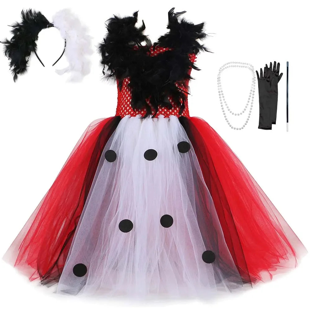 Halloween Crulla Cosplay Costume Cruella Tulle Dress Party Girls Black White Carnival Kids Cruella Wig Lace Mask Suit Clothes