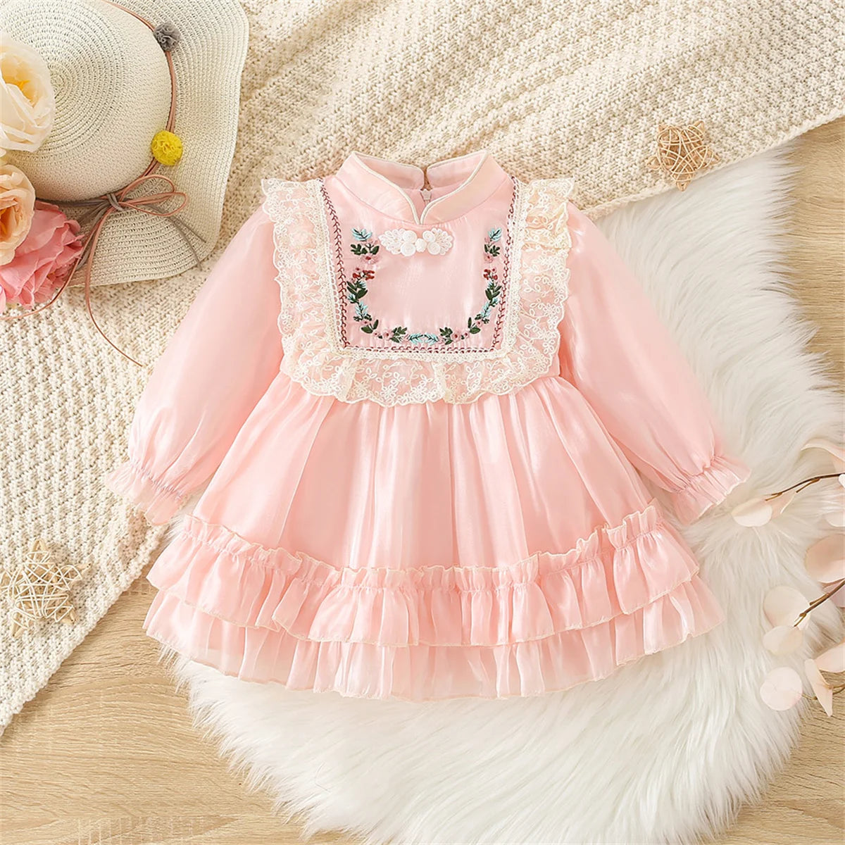 Girls' Dress Spring And Autumn Solid Color Flower Long Sleeved Baby Girl Dress Chinese Style One Year Old Baby Dress Baby Girl C