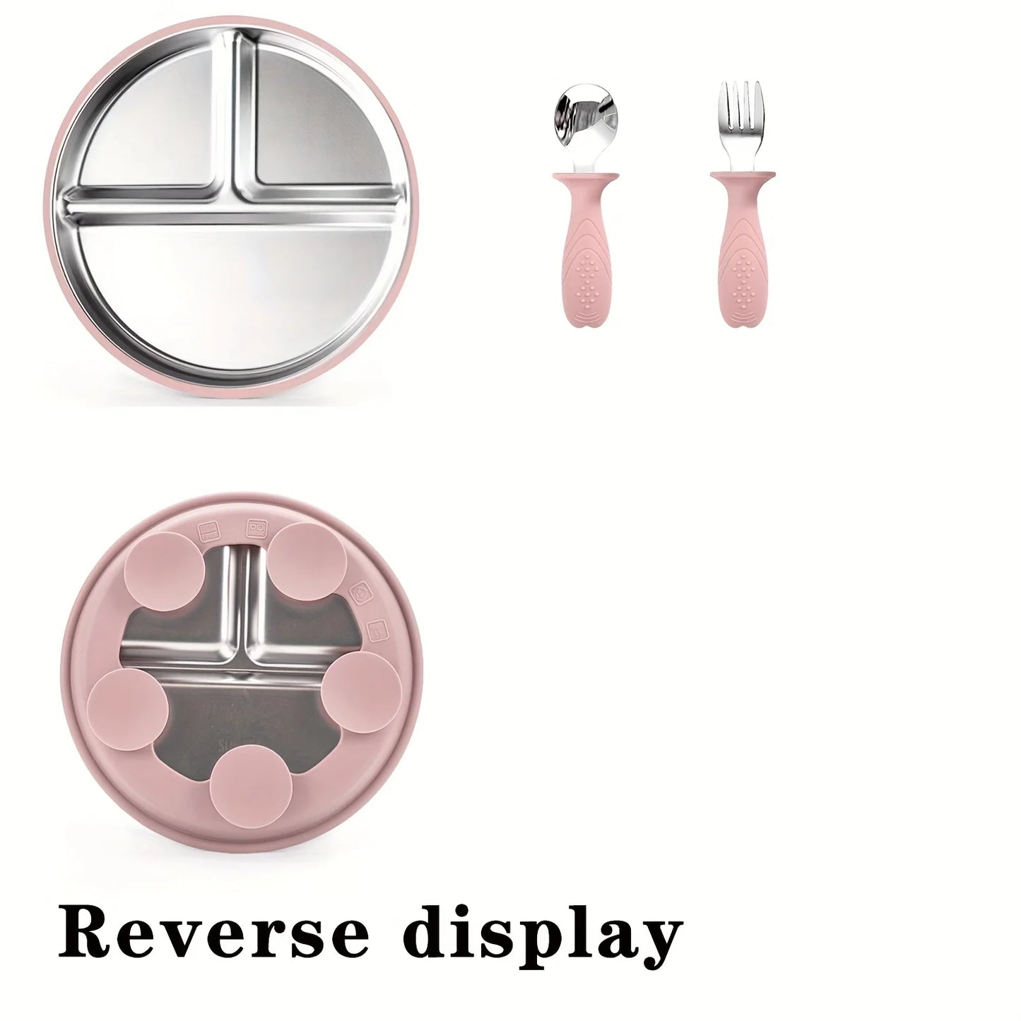 3-pack stainless steel cutlery tray, baby feeding tray, removable suction cup, BPA-free silicone baby training spoon