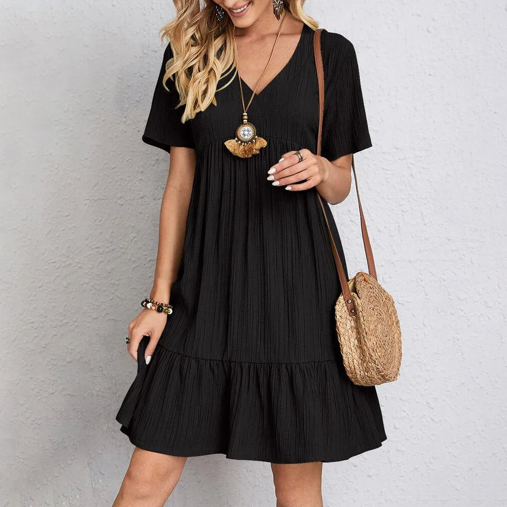 Solid Color Casual Summer Dresses for Women 2026 Elegant V Neck Short Sleeve Beach Dresses Woman Comfortable Loose A-line Dress