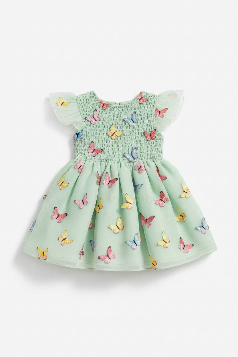 Vestido Verde de Niña con Mariposas 3D para Primavera y Verano