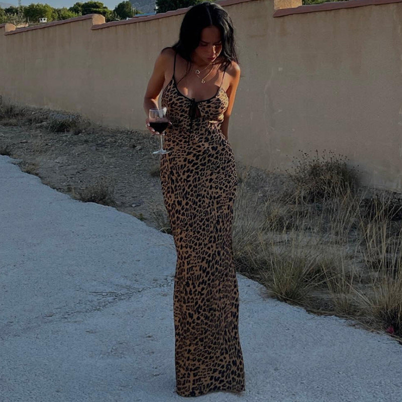 Summer Sexy Leopard Print Backless Prom Long Dress Fashion Elegant Women Long Party Evening Dress U-neck Lace-up Clothing