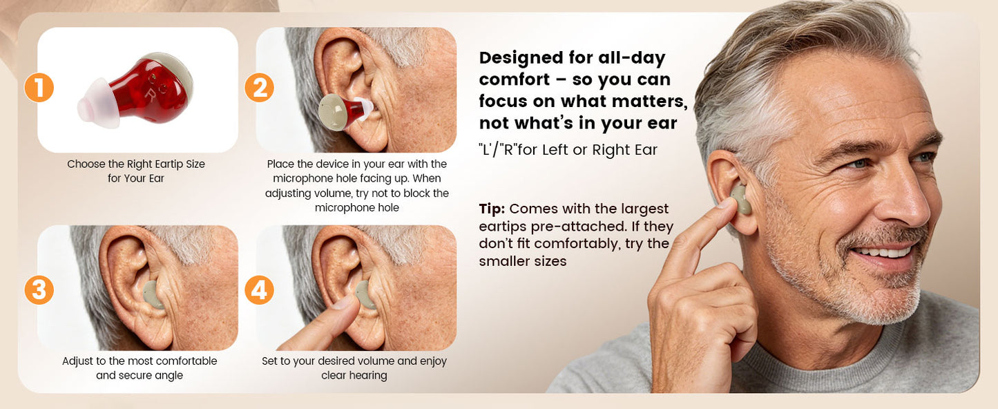 OTC Rechargeable Hearing Aid, Long Battery Life, Intelligent Noise Reduction, Excellent Comfort, Almost Invisible Hearing Aid